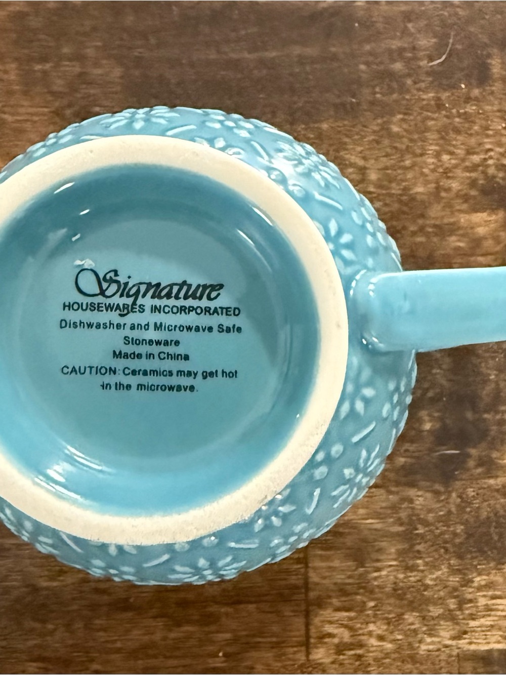Teal Signature Housewares Embossed Stoneware Mug with Blue Patterned Interior - Picture 6 of 9